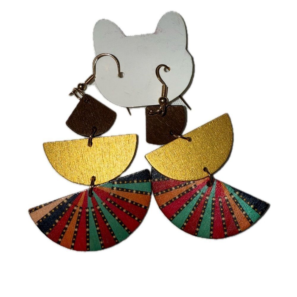Boho Colorful Wooden Earrings — Fan & Crescent Shapes with Gold Detail